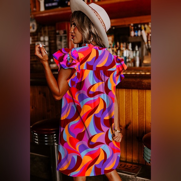 Orange Abstract Print Ruffled Sleeve Shift Dress Bohemian Mini - Picture 1 of 3